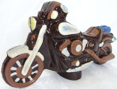 a picture of a milk chocolate Harley Davidson decorated with white and dark chocolate