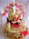 a picture of a white chocolate snowmen and Angels on a chocolate tiers